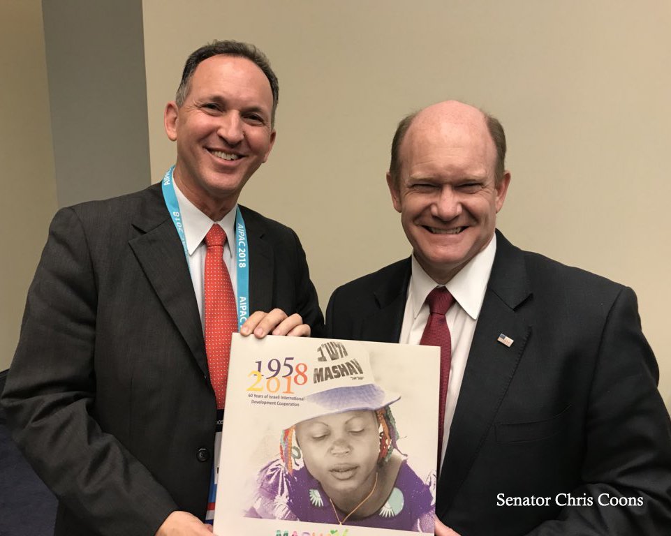 MASHAVisrael's tweet photo. Head of MASHAV Ambassador @GilHaskel presented #MASHAV60 anniversary album to Hon. Senator @ChrisCoons and Head of @USAIDMarkGreen following motivating panel on Israel-USA international development cooperation at @AIPAC Policy Conference https://t.co/e9REc3Pwib