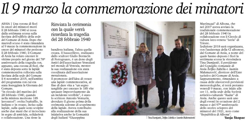 ItalyinFiume's tweet image. 🔔Confermata data commemorazione strage mineraria di #Arsia ➡️si terrà il 09.03 alle h 11.00 presso sede Società artistico-culturale "Rudar" (Arsia)🔔
#RepubblicadiAlbona