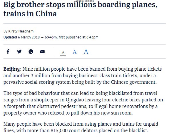 Mentimoen's tweet image. 12. Nich berita. 9 juta org sdh di-ban membeli tiket pesawat, 3 juta org di-ban membeli tiket kelas bisnis di China karena poin kredit sosial ga cukup.

Pemerintah China benar2 melaksanakan tekad mereka untuk membuat susah hidup org yg kelakuannya kurang bagus. Ini benar2 serius.