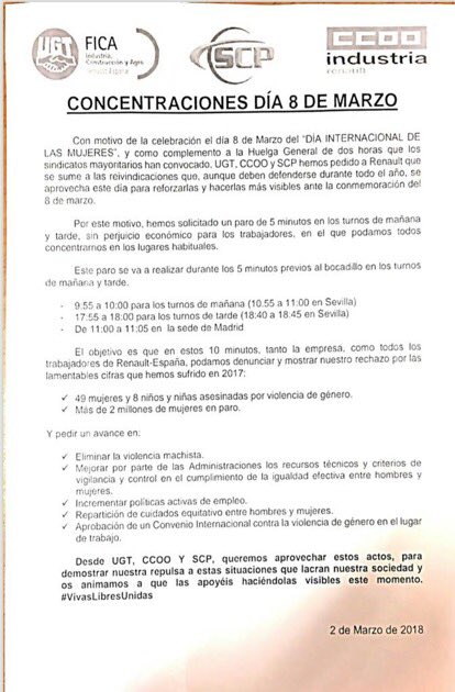 Si supierais el asco que llegáis a dar pactando la hora del cigarrito contra todo lo que enumeráis ahí...
Sois una banda de #RevientaHuelgas 
Sois la vergüenza de la clase obrera.
Mezquinos, os parece que todo eso vale 5 minutos?
Las mujeres valen 5 minutos?
<a href="/CCOOrenaultvall/">CCOOrenaultvalldolid</a>