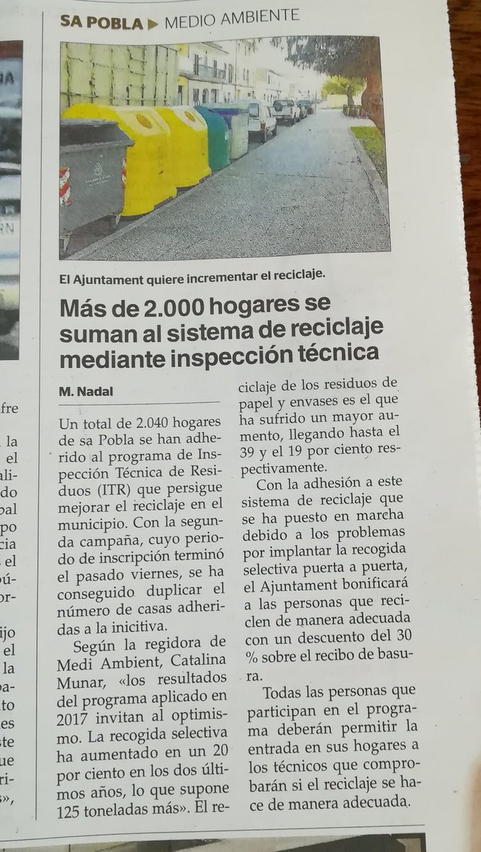 MESpersaPobla's tweet photo. Més de dos mil habitatges i comerços s’han sumat al sistema de reciclatge mitjançant l’inspecció tècnica de l’ @ajsapobla via @UHmallorca https://t.co/TAD7SDeZ8j