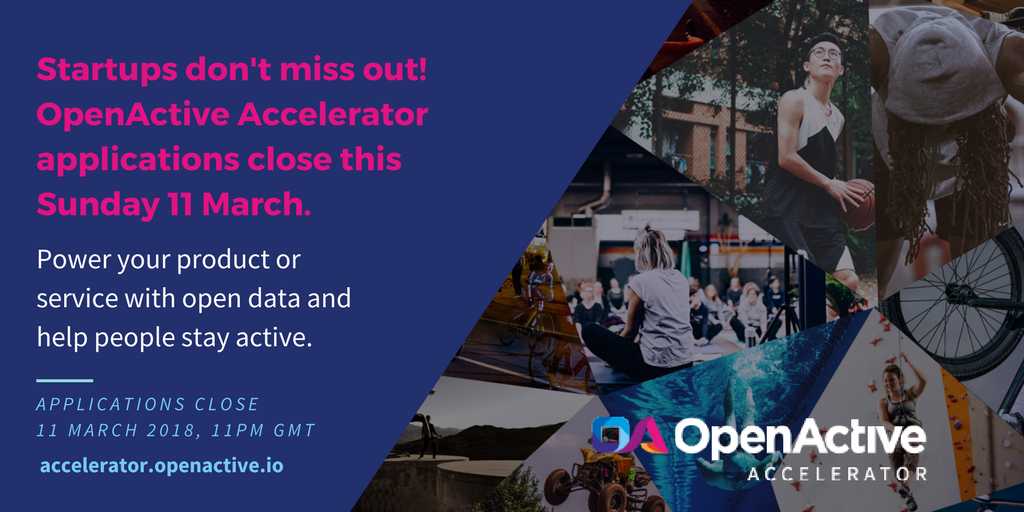 openactiveio's tweet image. Final week for #startups to get their @OAaccelerator applications in. Don't miss out! Help people stay active, use #opendata, get help from our sterling network and mentors. Run by @ODIHQ supported by @Sport_England bit.ly/OAstartups #tech #data #enterprise #sport