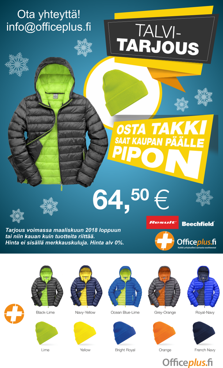 OfficePlussa's tweet photo. Talvitarjous! Osta takki - Saat pipon veloituksetta! 
Tutustu kampanjaan: https://t.co/nb4Si7y8Aw 
#tarjous #ostatakkisaapipo #talvitarjous #talvitakki #toppatakki 
Saat meiltä halutessasi myös painatukset! #logopainatus #brodeeraus https://t.co/iSk2fji1i9