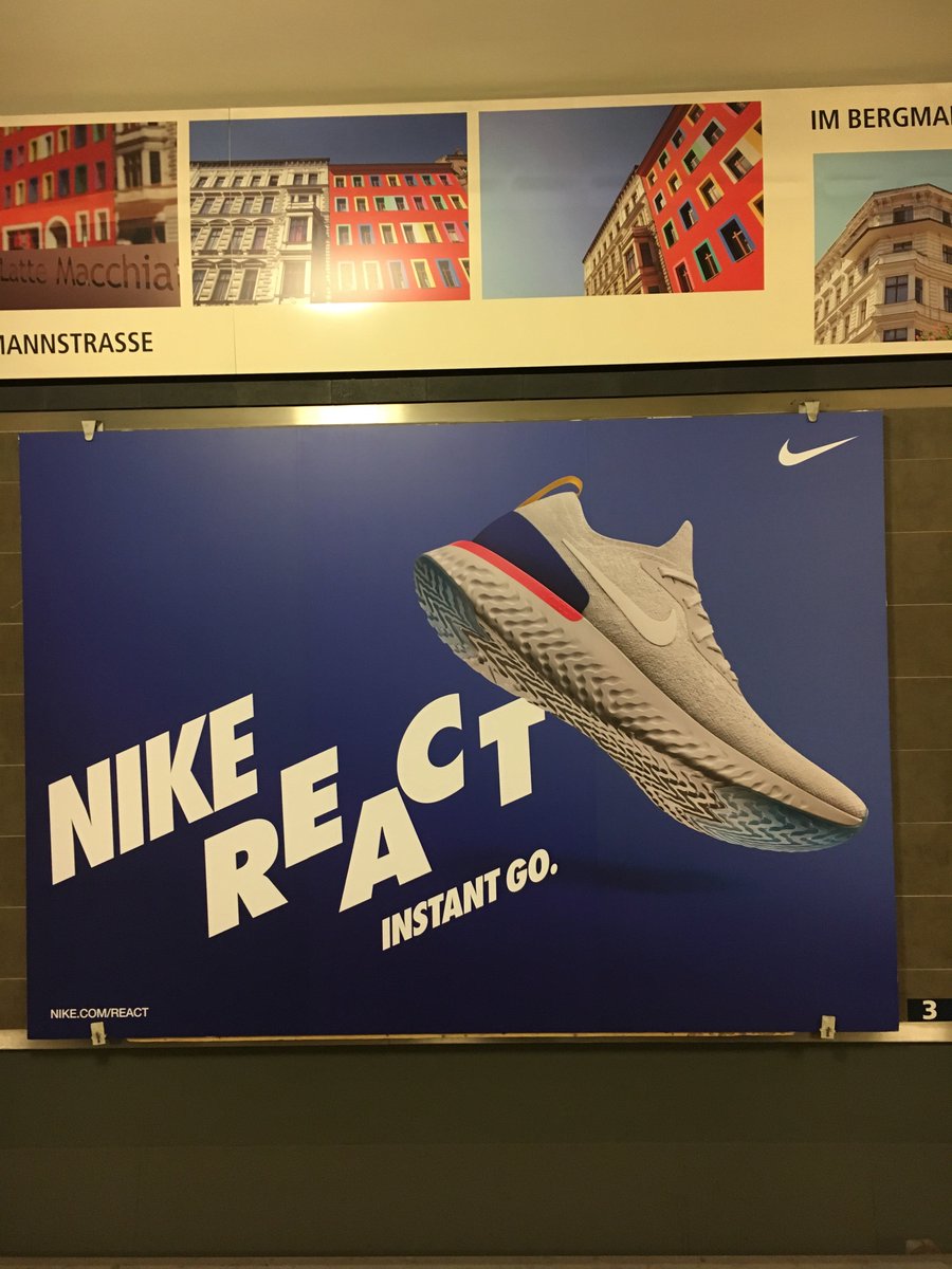 A advertising for a shoe with the slogan "Nike React, Instant Go"