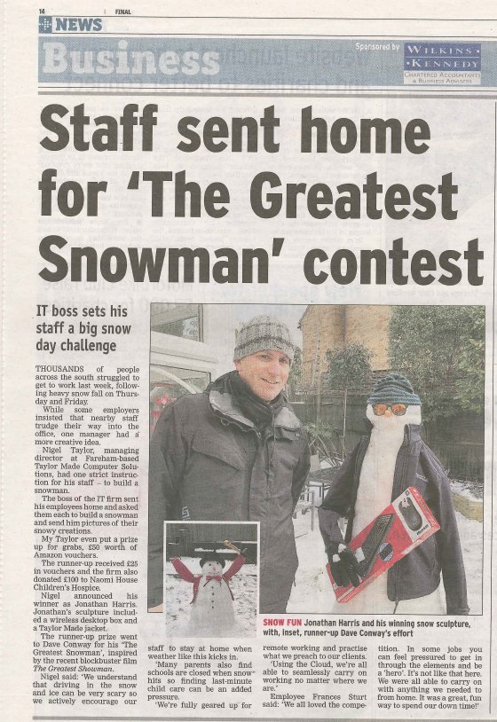 TailorMadeTech's tweet photo. We are so happy to have made it into the @portsmouthnews and @dailyecho for our snowman competition after we were all sent home with one strict instruction… to build a snowman. #StormEmma #snowday #snowman #tmcslife https://t.co/UMDBjjopYX