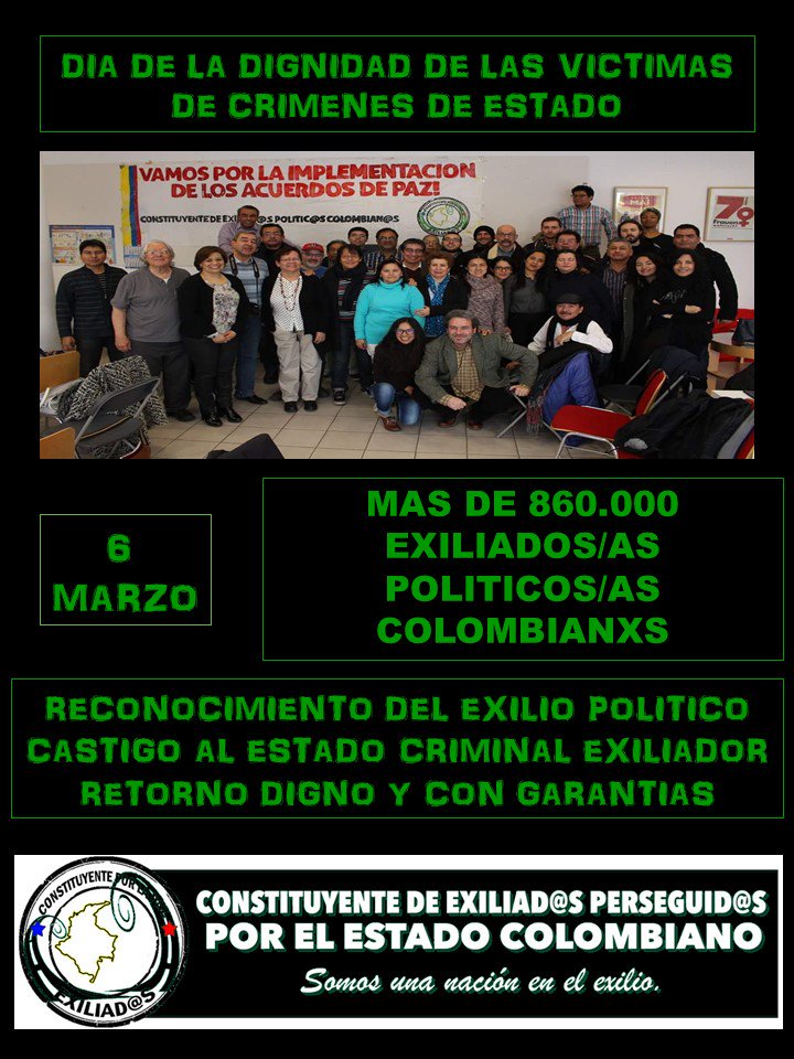 Constituyenteex's tweet photo. #NuncaMasExilioPolitico Dia de la Dignidad de las Victimas de Crimenes de Estado + de 860.000 Exiliadxs Politicxs, Retorno Digno y con Garantias, Reconocimiento del Exilio como hecho Victimizante @Movicecol @MoviceAntioquia https://t.co/P9FKM9BCwO
