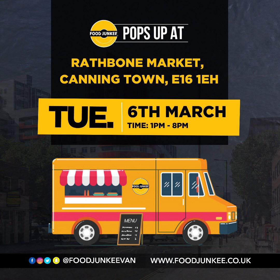 foodjunkeevan's tweet image. Today Tuesday 6th March 2018 @foodjunkeevan will be popping up in @RathboneMarket1 caning town E16 1EH from 1pm - 8pm (depending on stock availability) please RT our next customer could be on your timeline 😊❤️ #artworkbelow