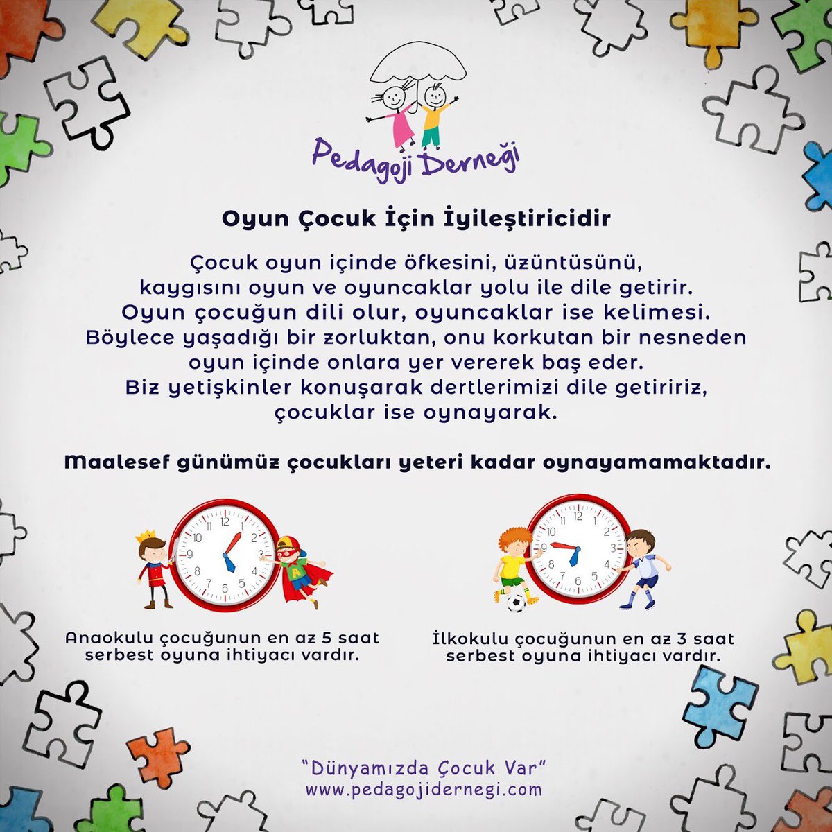 Oyun çocuk için aynı zamanda iyileştiricidir. Çocuk oyun içinde öfkesini, üzüntüsünü, kaygısını oyun ve oyuncaklar yolu ile dile getirir. Oyun çocuğun dili olur, oyuncaklar ise kelimesi.
//
#pedagojiderneği #dünyamızdaçocukvar #Çocuk ve #Oyun