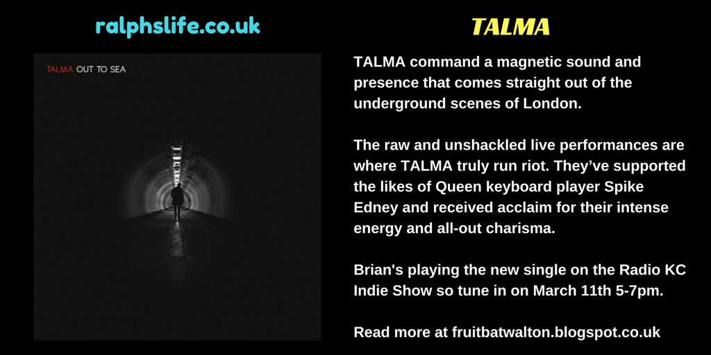 #HotOffThePress

Brian's #Featured the new single #OutToSea by <a href="/talmasounds/">TALMA</a> today on ralphslife.co.uk

You can check it here: fruitbatwalton.blogspot.co.uk/2018/03/talma.…

You can listen to it on Brian's <a href="/RadioKC/">#𝗥𝗞𝗖</a> Indie Show on Sunday 11th March 5-7pm

#NewMusicAlert #TuesdayMotivation