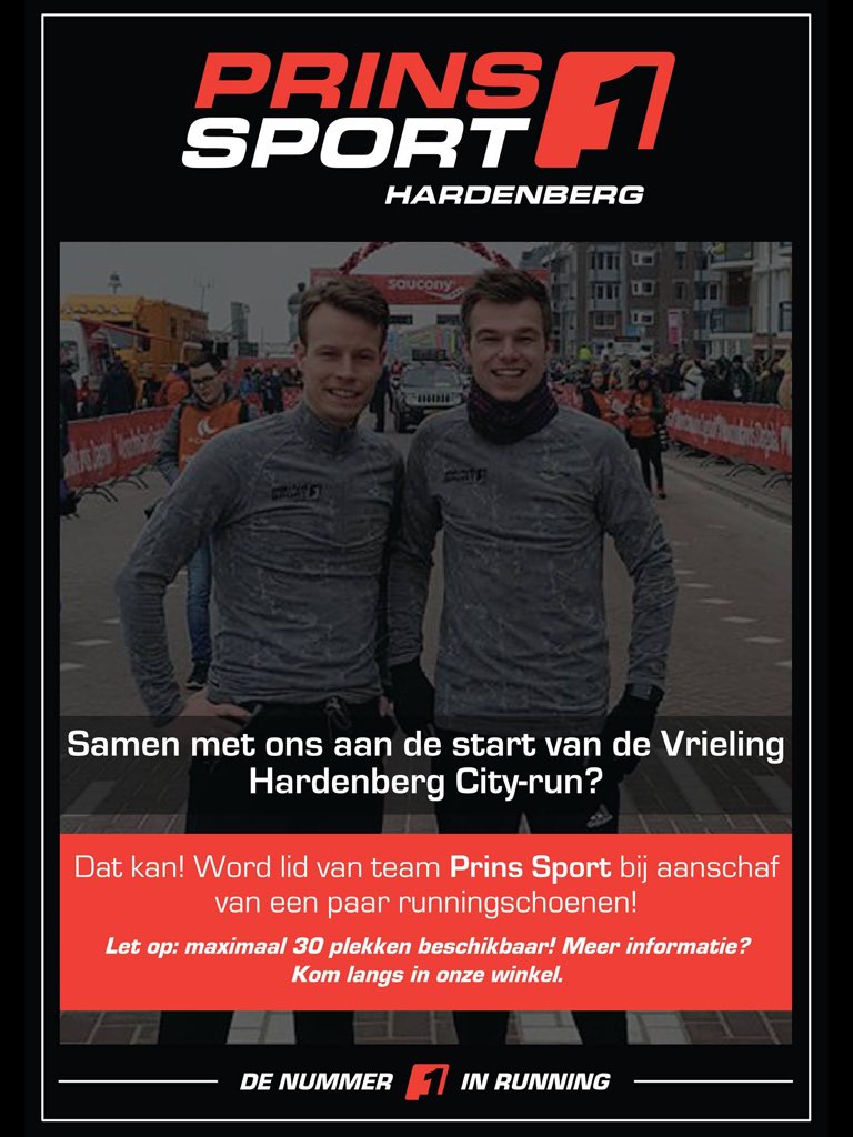 Wil je meelopen met het team van <a href="/PrinsSport/">Prins Sport H'berg</a>? Dat kan! Koop dan in de periode van 5 Maart 2018 t/m 14 April 2018 je #runningschoenen bij onze #sponsor <a href="/PrinsSport/">Prins Sport H'berg</a>! #samenloopjebeter #hardlopen #inschrijven #hardenberg