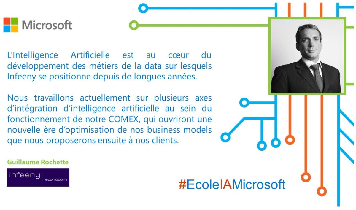 microsoftfrance's tweet photo. #EcoleIAMicrosoft - "L’IA est au cœur du développement des métiers de la data sur lesquels Infeeny se positionne depuis des années", @g_rochette https://t.co/gphbh26338
