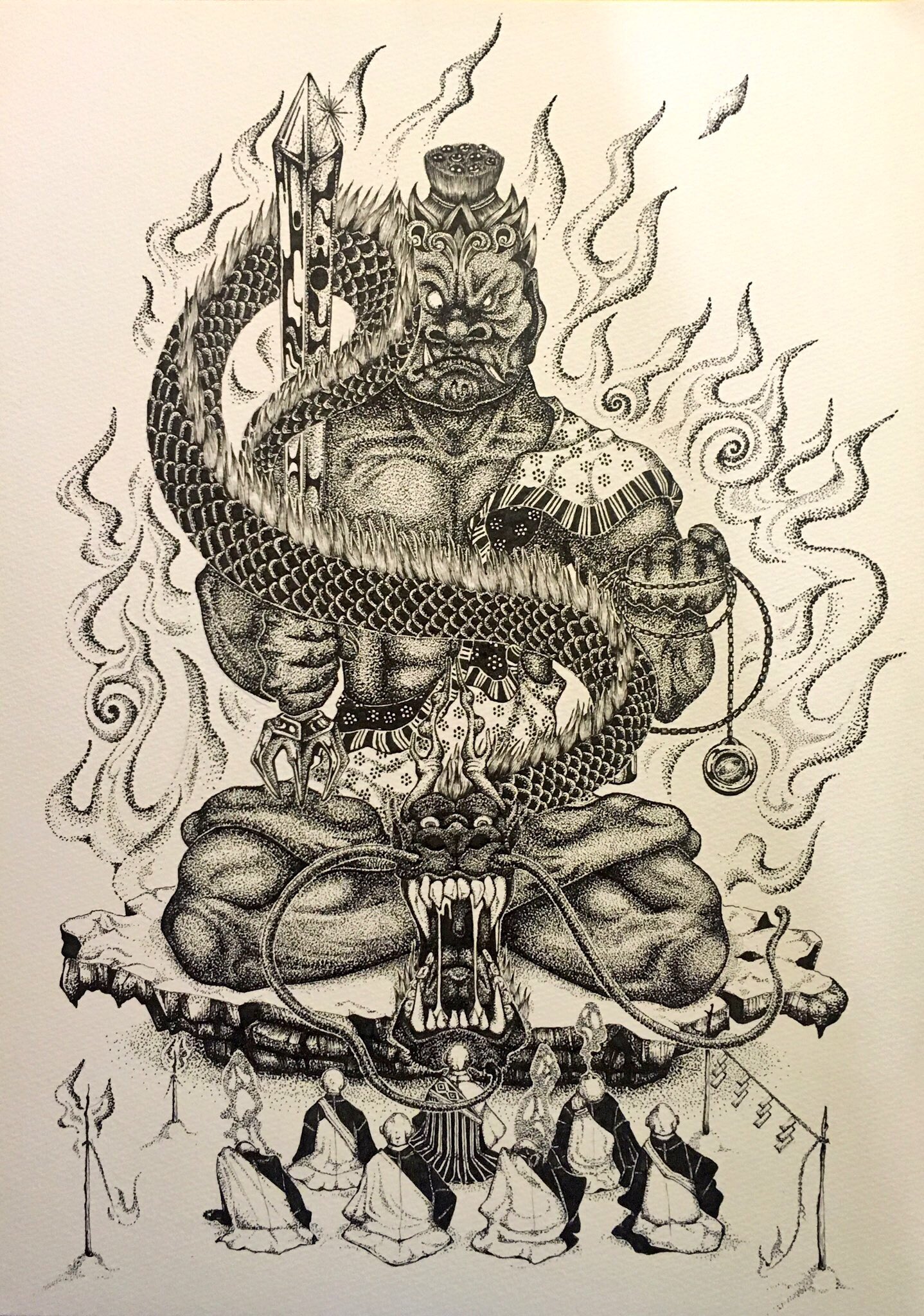 Knitting Artist Ala 加持祈祷 修行に完了はない 昨年 倶利伽羅不動尊に行ったときに無性に描きたくなりまして 不動明王と俱利伽藍剣 俱利伽藍剣に巻き付く俱利伽藍龍 ペン画