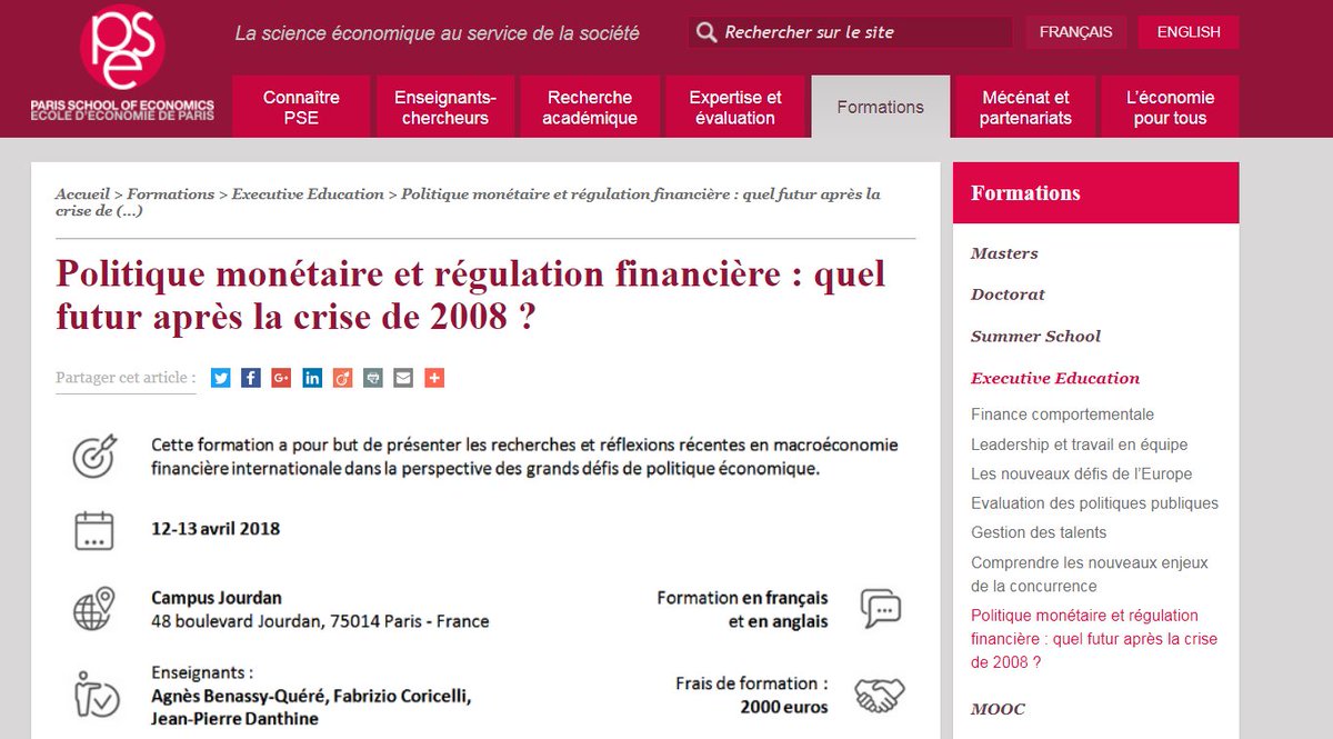 PSEinfo's tweet image. Plus que quelques jours pour vous inscrire à la prochaine session #ExecutiveEducation de &quot; Politique Monétaire et régulation financière &quot; les 12 et 13 avril 2018. Inscriptions ouvertes jusqu&apos;au 15 mars. parisschoolofeconomics.eu/fr/formations/… #PolitiqueMonétaire #RégulationFinancière