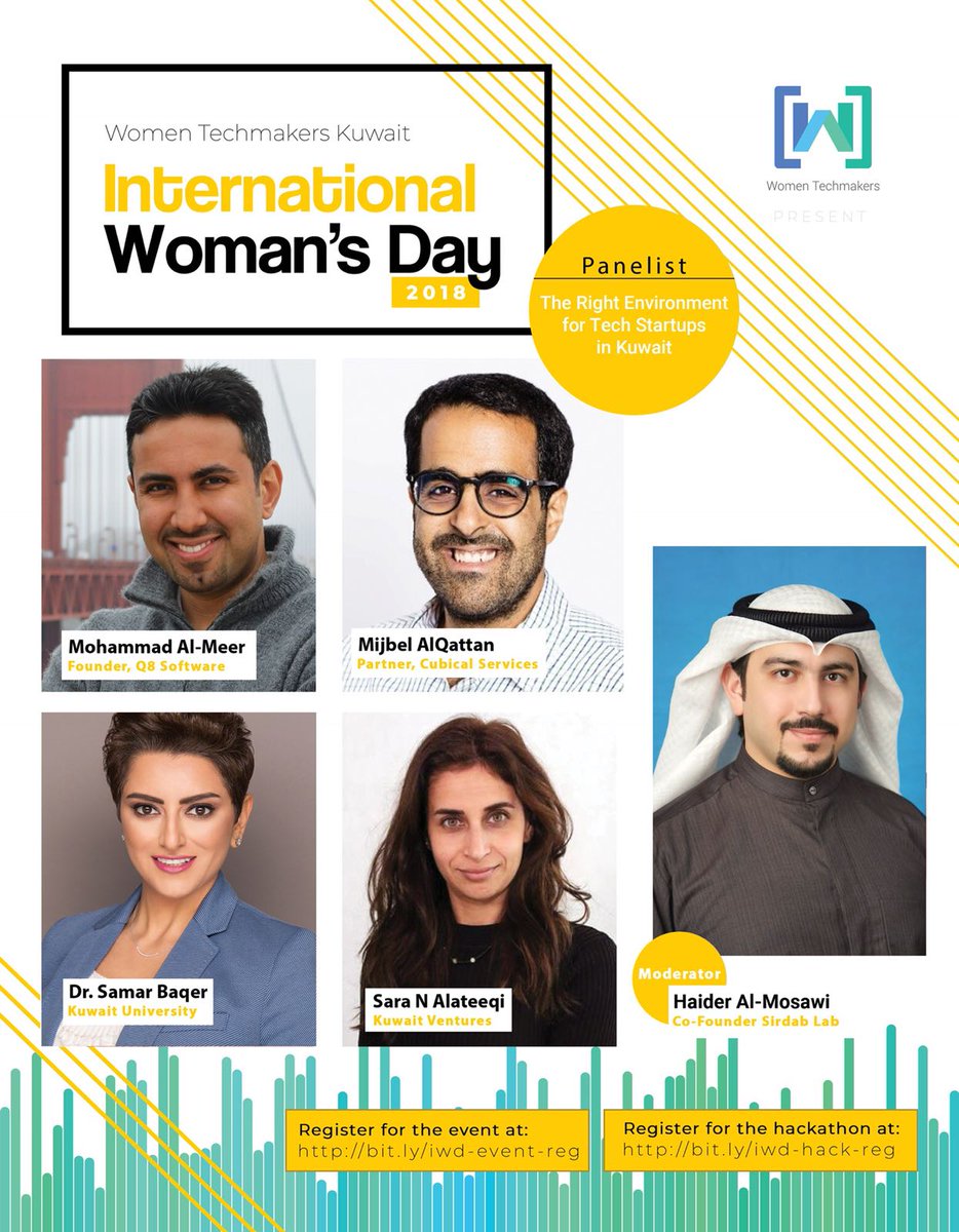 gdgwtmkuwait's tweet photo. Panel 2: The Right Environment for Tech Startups in Kuwait.
Don't miss it at International Women's Day 2018 @GUST_Official on 8th March 2018 from 4pm onwards. #WTMKuwait, #IWD2018,#WTM18 #kuwait https://t.co/tpNjmBKyKq