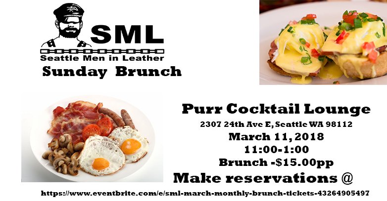 SEALeatherMen's tweet photo. Sunday Brunch is back so come on down to Purr and join us.
Brunch is will be served from 11am to 1pm for $15, payable upon arrival at the bar. The eventbrite link is only to make reservations so Purr knows about how many people show up and prepare for. 
https://t.co/nIWKq5N1sI https://t.co/TwGxby0HNc