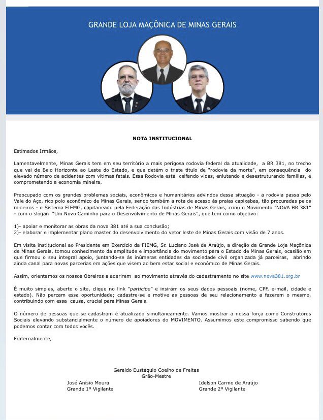 nova_381's tweet photo. A Grande Loja Maçônica de Minas Gerais adere ao Movimento Nova 381 como entidade apoiadora e convoca à participação. Veja a nota oficial abaixo. #juntossomosmaisfortes #Nova381 https://t.co/Iukab7eXhP