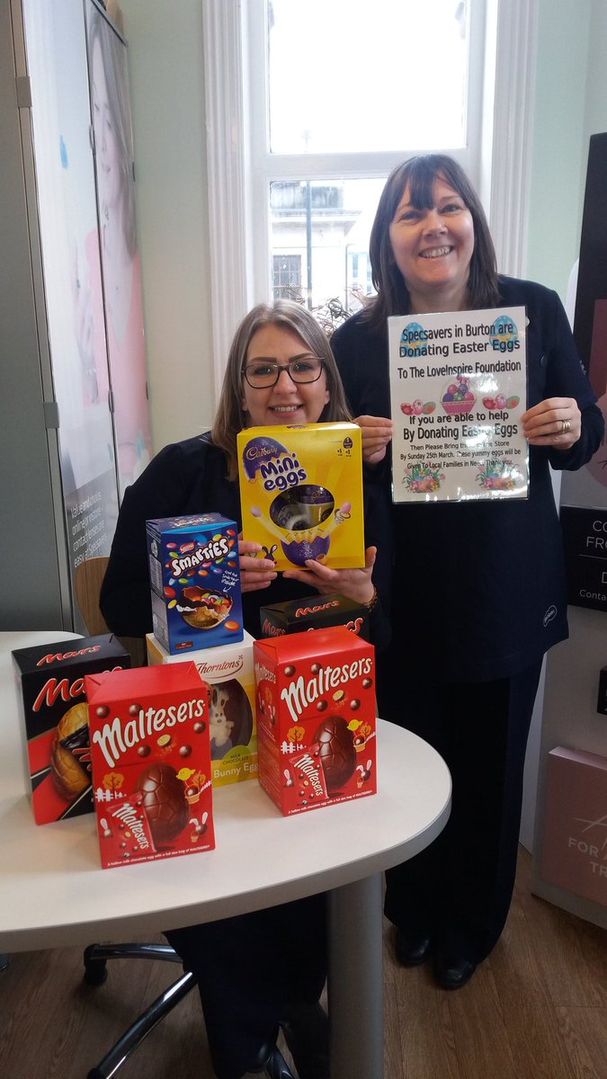 SamWheele4's tweet image. At Specsavers Burton we are supporting @LoveInspireFT by collecting in as many Easter eggs as we can for the families the foundation work with/support or to go towards their Easter event to raise money for all of their fab local initiatives. Please pop in with an egg! Thanks 😀