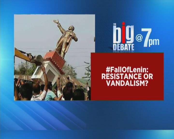 CNNnews18's tweet image. Lenin statue razed in Tripura: Left says vandalism, Right says resistance. Watch #TheBigDebate with @sanket at 7pm; tweet us your views using #FallOfLenin #StatuePolitics