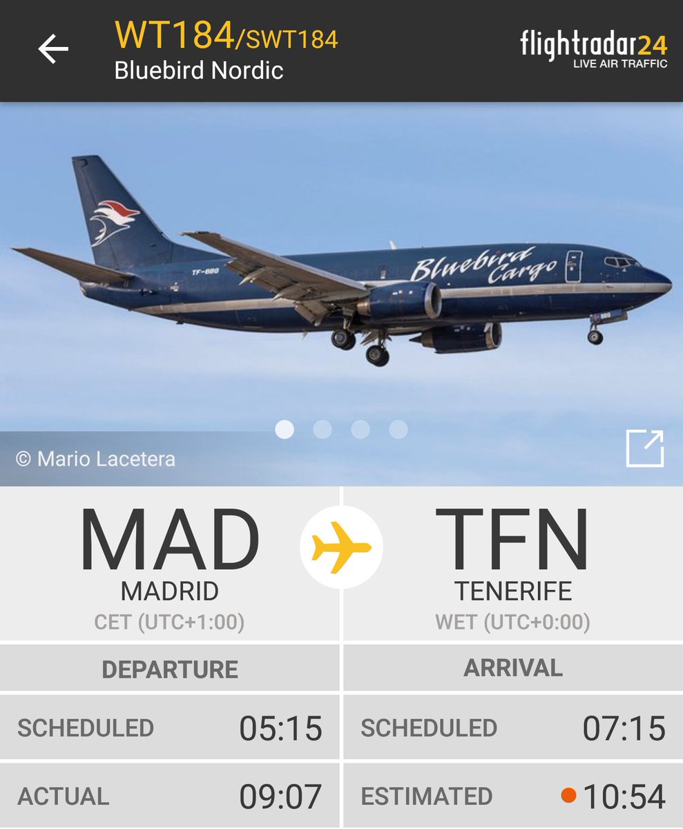 AeropuertosTFE's tweet photo. #SPOTTERS| Después de varios años de ausencia, regresa a #TenerifeNorte este #B733 de #BlueBirdCargo volando para #Swiftair.
Llegada sobre las 10:55h. https://t.co/KxrW0mEPMI