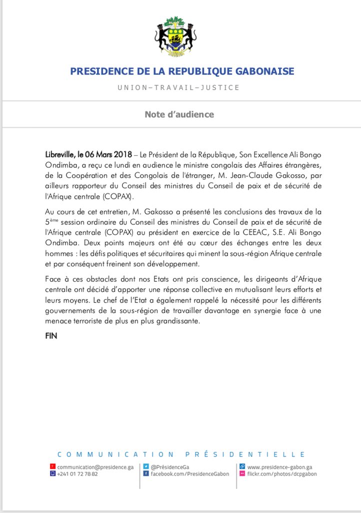 l_bilogho's tweet photo. Le @PresidentABO a reçu en audience le ministre congolais des Affaires étrangères, rapporteur de la 5e session du Conseil des ministres du COPAX, M. Jean-Claude Gakosso, venu présenter les conclusions des travaux de cette rencontre. #Libreville #COPAX #CEEAC @EconomieGabon https://t.co/AGwdBHSuRr