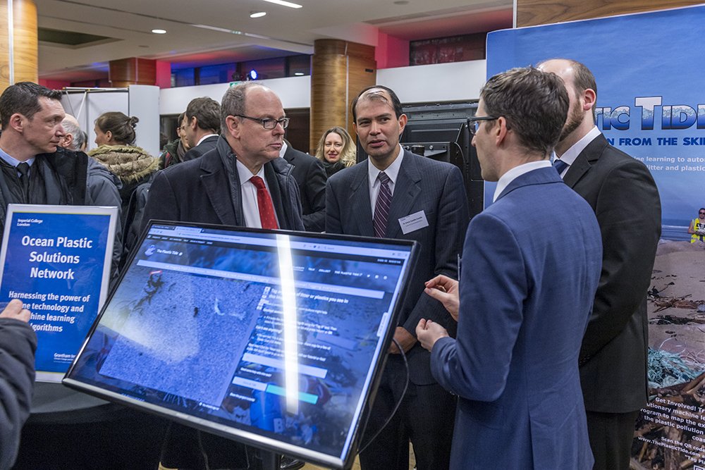 OceanPlastic_IC's tweet photo. Dr Stefan Leutenegger, #ComputingDepartment, #ImperialCollege, #OPSN, explains the #MachineLearning functionality behind #ThePlasticTide to detect #plasticdebris with #drones to #HisSerenHighness Prince Albert II of #Monaco https://t.co/tjN3YPK1L0