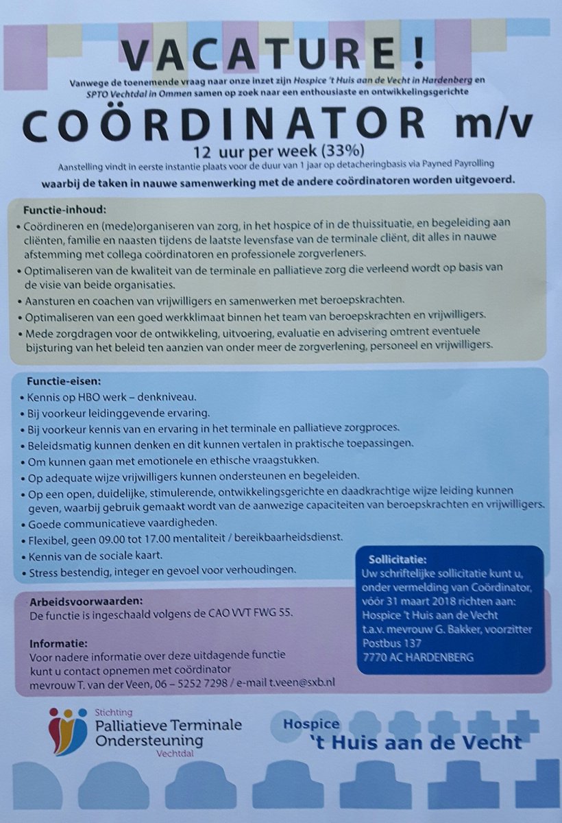 Hebt u wat met palliatieve terminale zorg? Wij hebben, samen met <a href="/SPTOVechtdal/">SPTO Vechtdal</a> een vacature voor een coördinator.  Een prachtige functie waarin u daadwerkelijk wat kunt betekenen...
Belangstelling? Reageer!