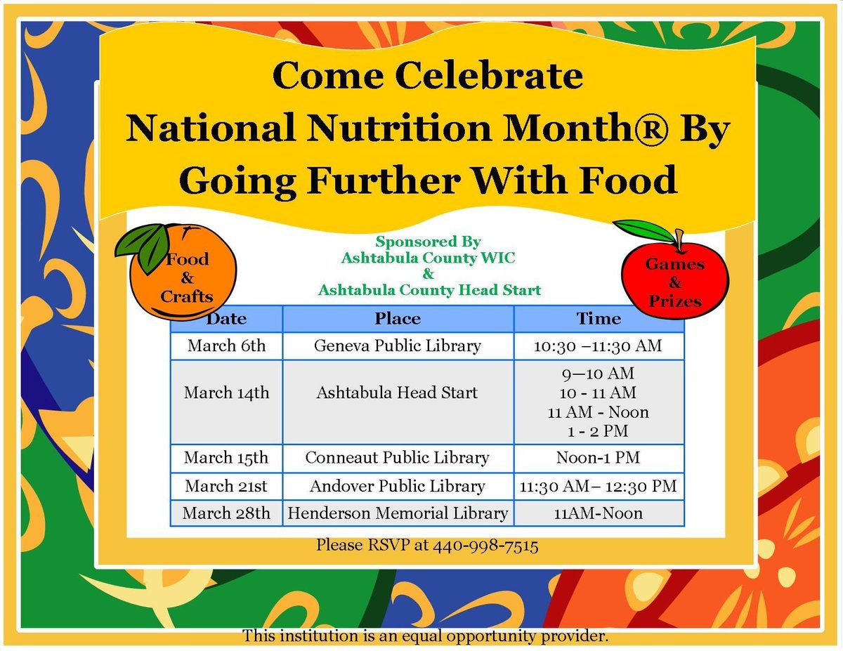 AshtabulaWIC's tweet photo. Come celebrate National Nutrition Month with us today at the Geneva Public Library from 10:30 to 11:30 AM. There will be food, crafts, games, and prizes! #NNM #PedsNNM #eatright #GenevaPublicLibrary https://t.co/2ynPmubQ3c