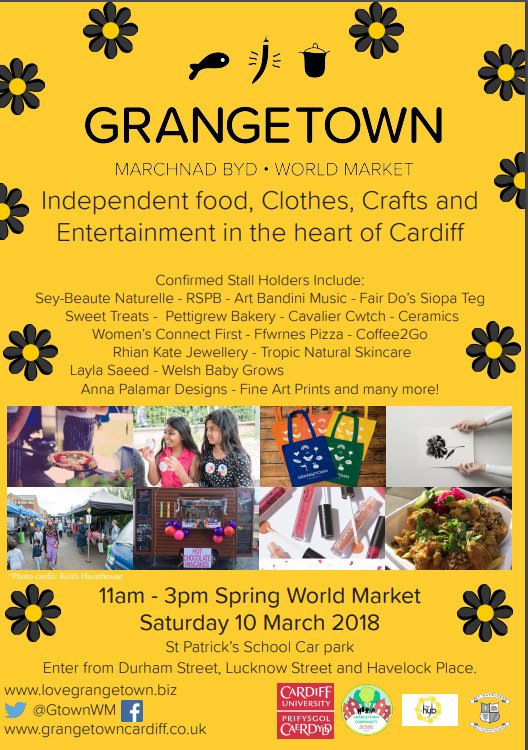 GtownWM's tweet photo. Chocolate, street food, the best bakery and coffee - and lots of craft/gifts for Mother's Day, Grangetown Market Marchnad Wanwyn Grangetown, 10 Mawrth - Siocled Masnach Deg, bwyd stryd, cacen a choffi a llond y lle o roddion crefftus i ddathlu Sul y Mamau https://t.co/jGnpAwGNlE https://t.co/F8QMaF7LPQ