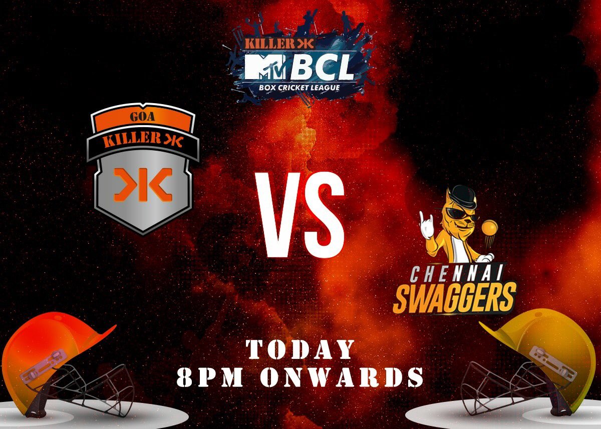 GoaKiller_'s tweet photo. Gentle reminder: Don't miss out on the killer drama of @GoaKiller_ over  @ChennaiSwaggers tonight, 8pm onwards. Catch all the action of this  @boxcricleague match on @MTVIndia.

#Cricket #CelebrityCricket #GoaKiller #KillerNo1 #KillerJeans #MTVBCL #BoxCricketLeague https://t.co/9445uQFDDL