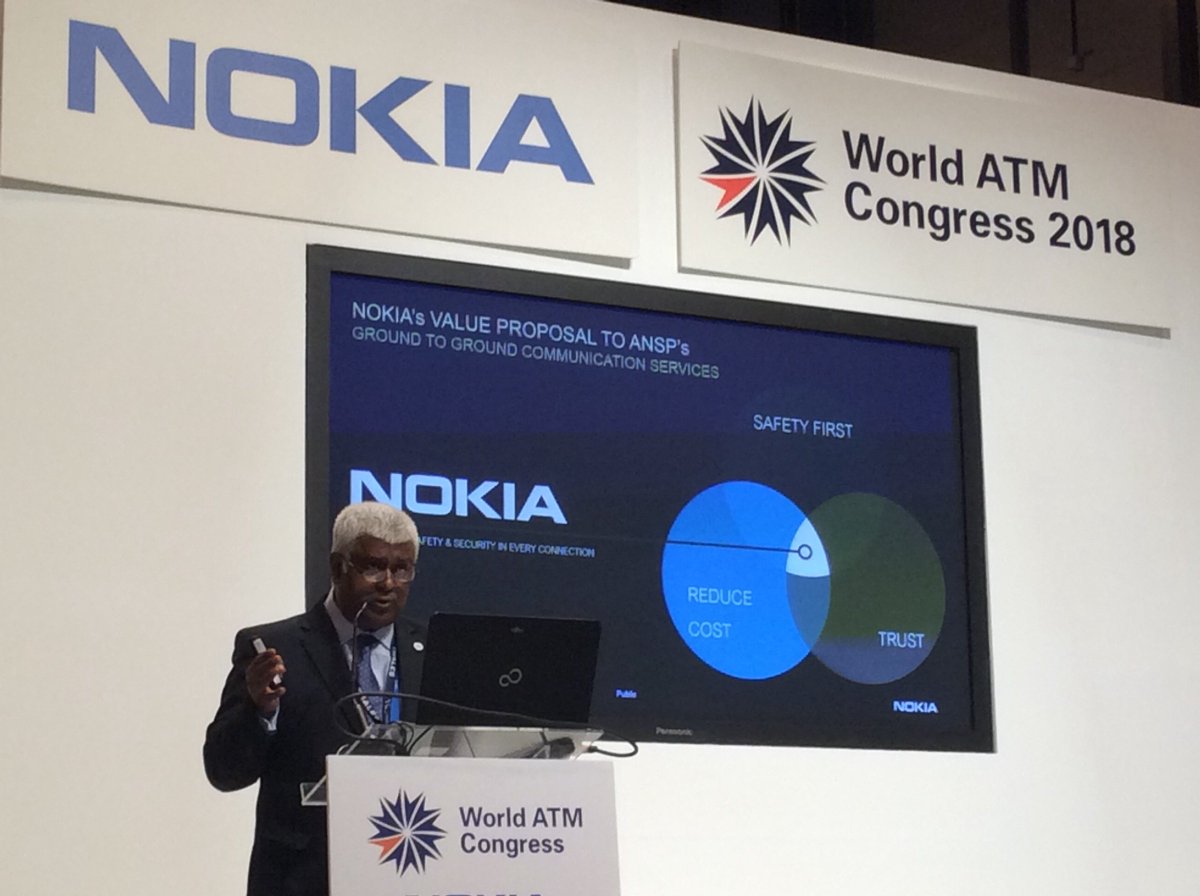 AmyFlecher1's tweet photo. Mervin at Nokia’s keynote at ATM World Congress in Madrid. “Our routers are like a Swiss Army knife, designed specifically for ANSPs.” https://t.co/6yVQr3NuCi