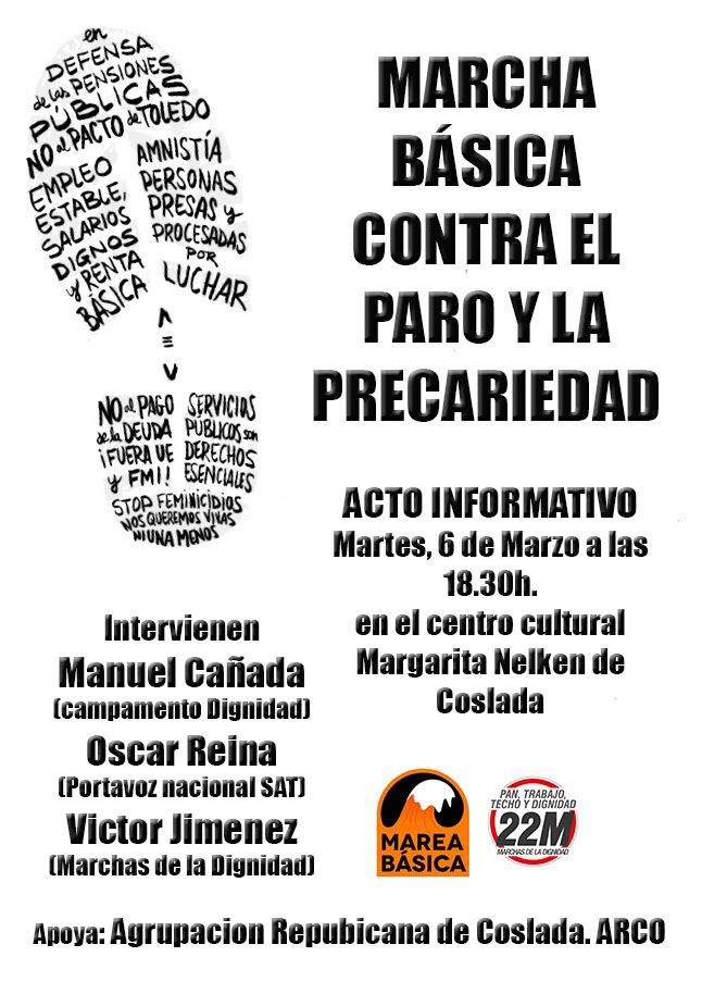 arcoslada's tweet photo. Os recordamos que está tarde tiene lugar el acto informativo de la próxima marcha contra el paro y la precariedad a las  18.30 #coslada @MadridMarchas22 https://t.co/3TBQXw1XCL