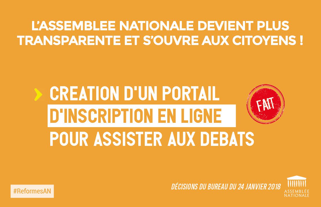 AssembleeNat's tweet photo. Vous pouvez désormais vous inscrire en ligne pour assister aux débats dans l'hémicycle !

La mesure proposée par le groupe "Ouverture" et adoptée par le Bureau du 24 janvier est désormais effective.

➡️ https://t.co/PS09HzN7AC
#DirectAN #ReformesAN https://t.co/LZ8TbidttR