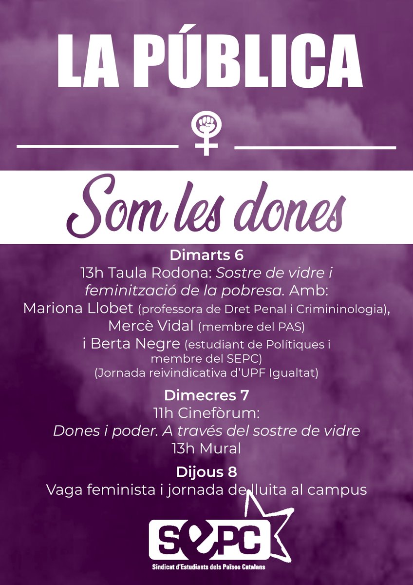 SEPC_Ciutadella's tweet photo. En uns minuts al Pati de Jaume I comença la taula rodona 'Sostre de vidre i feminització de la pobresa' emmarcada dins la jornada reivindicativa d'@UPFigualtat. No us la perdeu! #8mUPF #VagaFeminista8M https://t.co/JRyN42eiD1