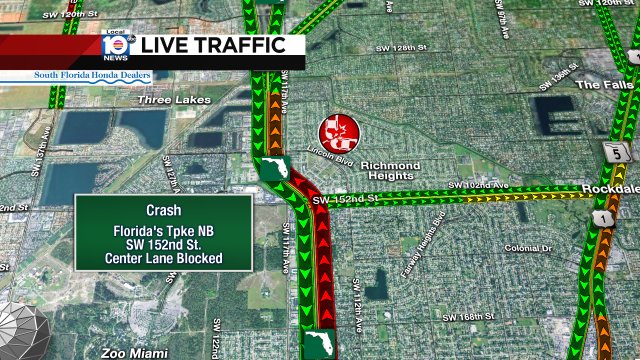CRASH: Florida's Tpke NB & SW 152nd St. A center lane is blocked and delays are building. #TRAFFIC #MIAMI https://t.co/XiWg6Dn9gR