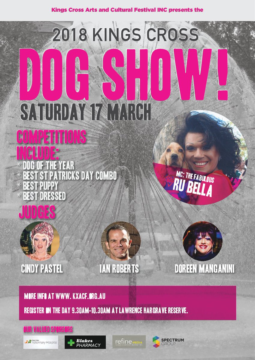 kxacf's tweet photo. IT'S ON AGAIN

Kings Cross Dog Show 17 March 2018 .

Register your dog 9.30am-10.30am

Show proper starts 10.30am with MC Ru Bella and judges Cindy Pastel, Ian Roberts &amp; Doreen Manganini.

A FUN day for all https://t.co/lKx89ou6Jl