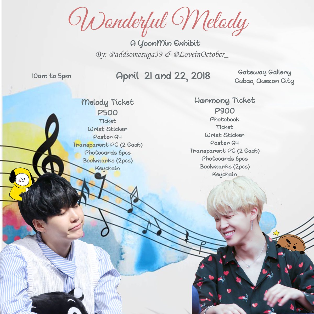MMelodie9395's tweet photo. Wonderful Melody
A YoonMin Exhibit

A colorful, soft and fun concept

When: April 21 and 22, 2018
Time: 10am to 5pm
Location: Gateway Mall Gallery
Cubao, Quezon City

Details on photo.

Pre-registration will open again tonight. Please stay tuned. https://t.co/1QeFtAnIDR