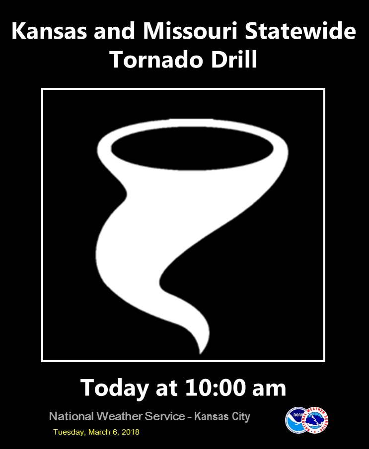 NWSKansasCity's tweet photo. Our Test Tornado Warning Drill is today. We are testing the Emergency Alert System, and some counties/cities may set off their sirens.

We urge schools, businesses, parents, etc... to participate in the drill by spreading the word and implementing their tornado plan at 10 am. https://t.co/2Vu2pr3G74