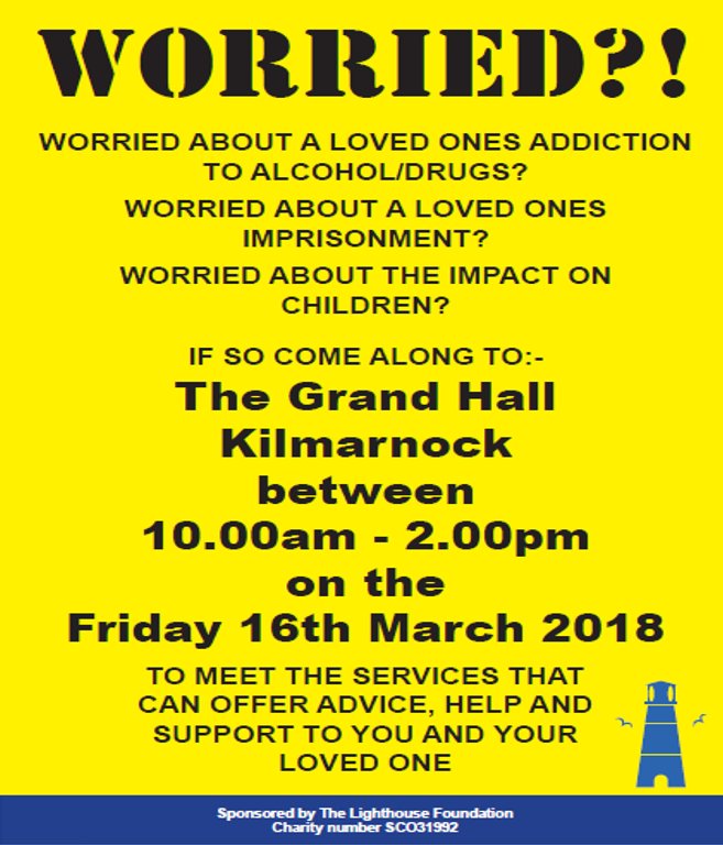 Lighthouse Foundation Scotland.......come along and join us on Friday 16th March at the #grandhallkilmarnock 

If you are looking for information and support on #addiction #imprisonment and the #ImpactOnChildren 

  twitter.com/FamiliesOutsid…