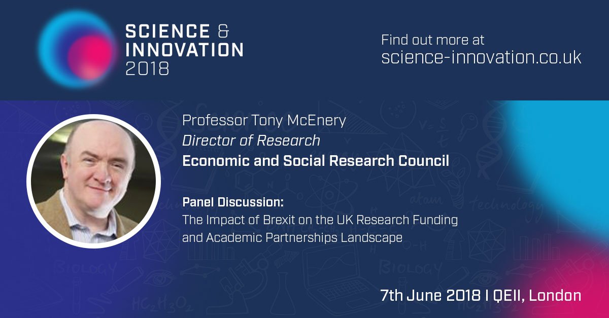 What does #Brexit mean for academic partnerships and research funding? 

Join Professor Tony McEnery from the <a href="/ESRC/">Economic and Social Research Council</a> at the Science &amp; Innovation conference to discuss the research projects post-Brexit

Secure your place here: bit.ly/2GWBcCU  

#science #innovation