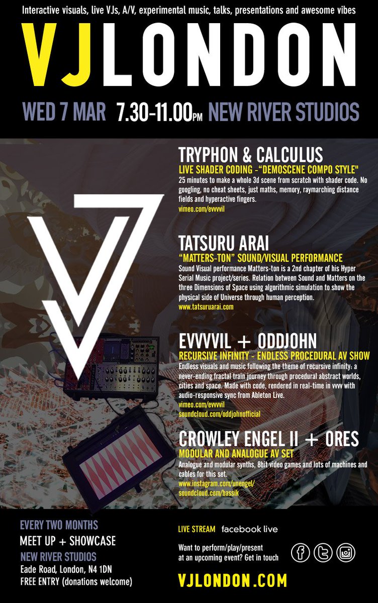 VJLondon's tweet photo. TOMORROW @VJLondon w/Tryphon &amp; Calculus - shader #livecoding,  @tatsuruarai Sound/Visual Perf,  @evvvvil + Oddjohn - 3D AV performance, Crowley Engel II + Ores -  #modular + #analogue #AVset  We'll streamed live on fb group https://t.co/fvnlhRb686
Info https://t.co/ErFUZa2OCm https://t.co/7GHGQUt1Dr