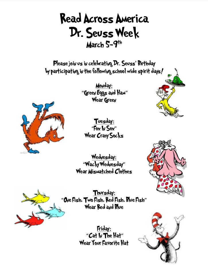 BCESRTI2's tweet photo. March 5-9th BCES is celebrating Dr. Seuss Week! Be sure to dress accordingly :) @BoonesCreekElem #thewashingtonway #BCESDrSeussNight https://t.co/N38YhwcMFw