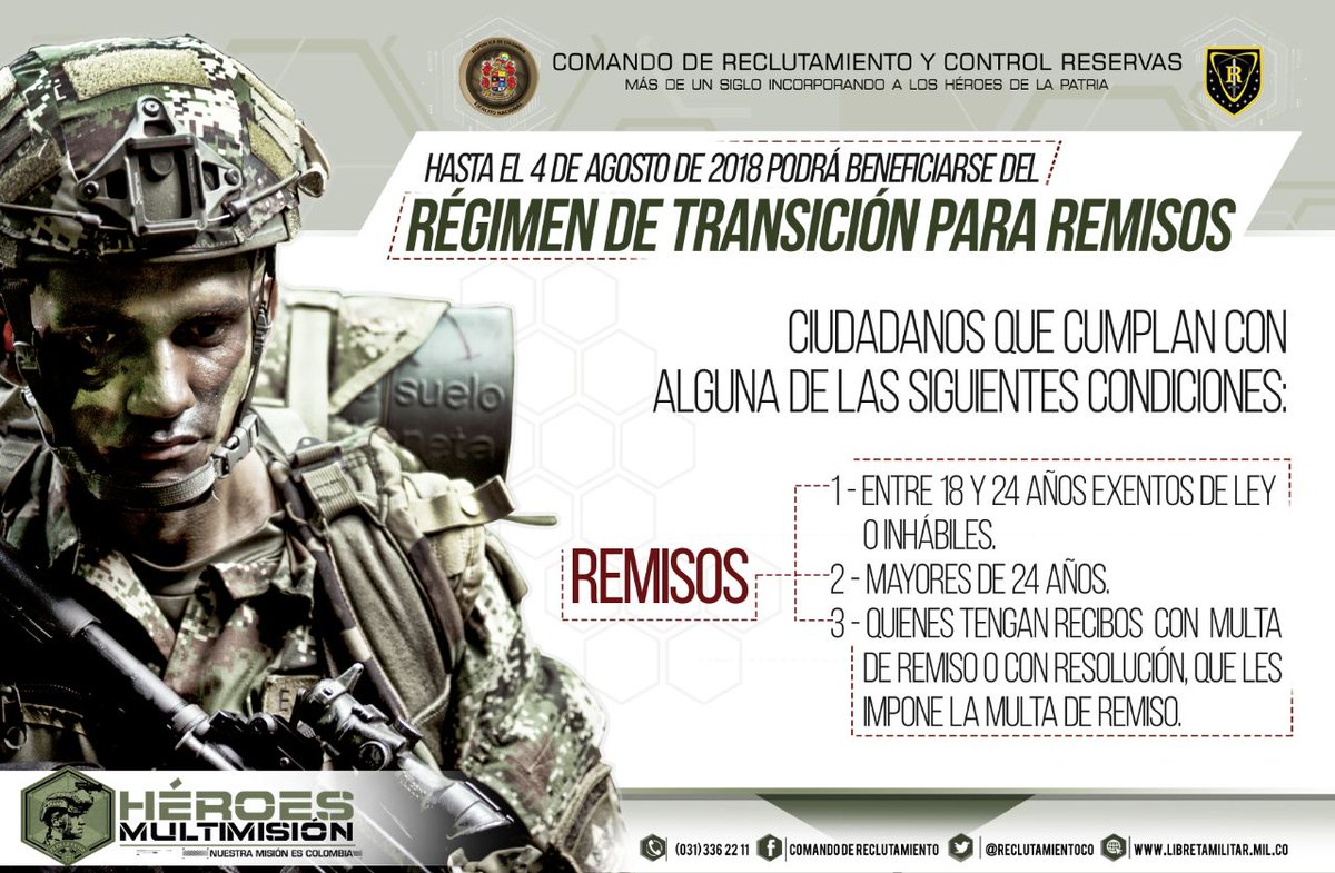 RECLUTAMIENTOCO's tweet photo. Atención #Bogotá, es el momento para definir la situación militar. #ConvocatoriaRemisos desde el 5 y hasta el 7 y 9 de marzo. ¡Acérquese al Distrito Militar No. 1, ubicado en el norte de la capital del país y la Escuela de Artillería (Cantón Sur) https://t.co/tyiwhHo6bh