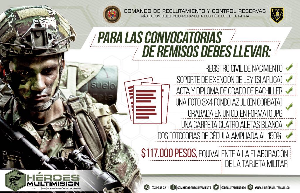 RECLUTAMIENTOCO's tweet photo. Atención #Bogotá, es el momento para definir la situación militar. #ConvocatoriaRemisos desde el 5 y hasta el 7 y 9 de marzo. ¡Acérquese al Distrito Militar No. 1, ubicado en el norte de la capital del país y la Escuela de Artillería (Cantón Sur) https://t.co/tyiwhHo6bh