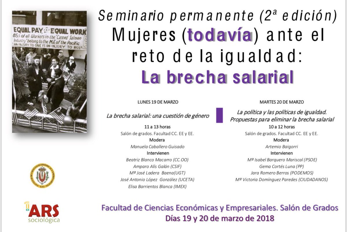Buenas chicxs, el próximo 19 de marzo de 11 a 13 horas y el martes 20 de marzo de 10 a 12 horas se llevará a cabo en la Facultad de Ciencias Economías y Empresariales un seminario sobre la brecha salarial en el salón de grados! OS ESPERAMOS 😉