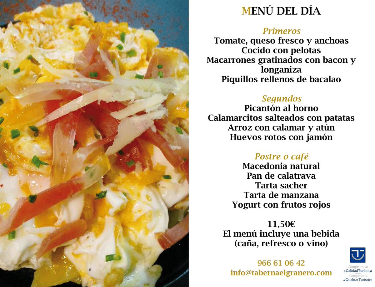 TabernaGranero's tweet photo. ¿Qué te apetece comer hoy? ¡Mira nuestro menú y elige! 👀👀⬇️⬇️ #menú #menúDiario #restaurante #Elche #Elx #restauranteElche https://t.co/BeTQfgP0Qb
