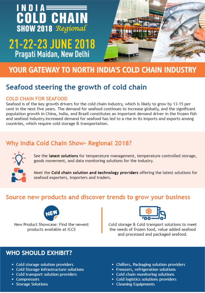 ColdChainShow's tweet photo. See the latest solutions for temperature controlled storage, goods movement, and data monitoring solutions specifically for the seafood industry at regional India Cold Chain Show 2018 from 21-23 June in Pragati maidan, New Delhi #coldchain #seafood #coldstorage #ICCS18 https://t.co/Hx3VLa8jB8