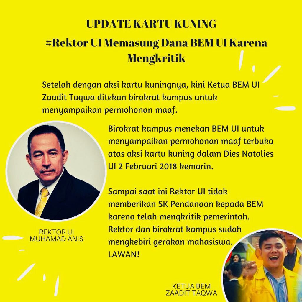 IpungLombok's tweet photo. Begini nih efek kartu kuning dan jauh dg Istana... 🤒
Dana kegiatan BEM UI dipasung oleh rektor Istana. Yuk bikin #CoinUntukBemUI 🤒 https://t.co/TMmTI2D7aA