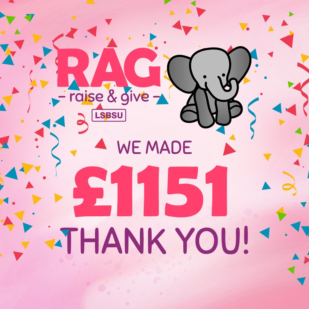 LSBSURAG's tweet photo. RAG WEEK IS OVER!
WE RAISED A FANTASTIC £1151 FOR CHARITY! 
Thank you to all @lsbu students and staff who volunteers and donated! 
Here are the charities which we raised money for: 
@EastAfricanPlay @Newlifecharity @Pecan121a @MindCharity @DogsTrust https://t.co/eVGRz30KlQ