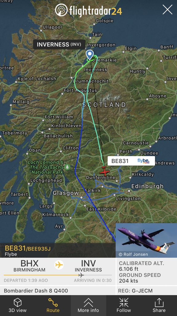FlightIntl's tweet photo. Flybe flight #BE831 from Birmingham to Inverness has declared an emergency and is diverting https://t.co/pyBV8xY1Zp https://t.co/YLxq4J5Jpi