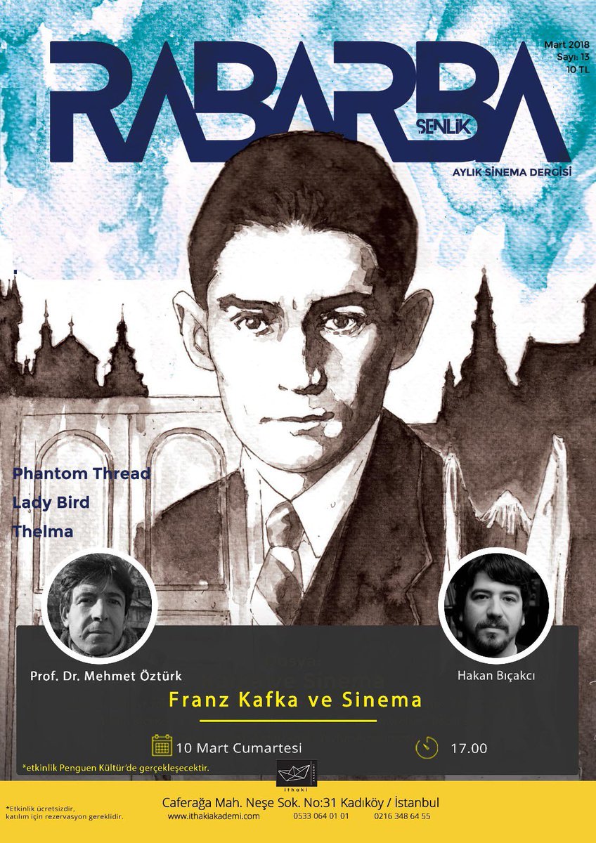 📌📆
Hakan Bıçakçı ve Prof. Dr. Mehmet Öztürk'ün katılımıyla gerçekleşecek olan "Kafka ve Sinema" etkinliği 10 Mart'ta <a href="/KulturPenguen/">Penguen Kültür</a> 'de!